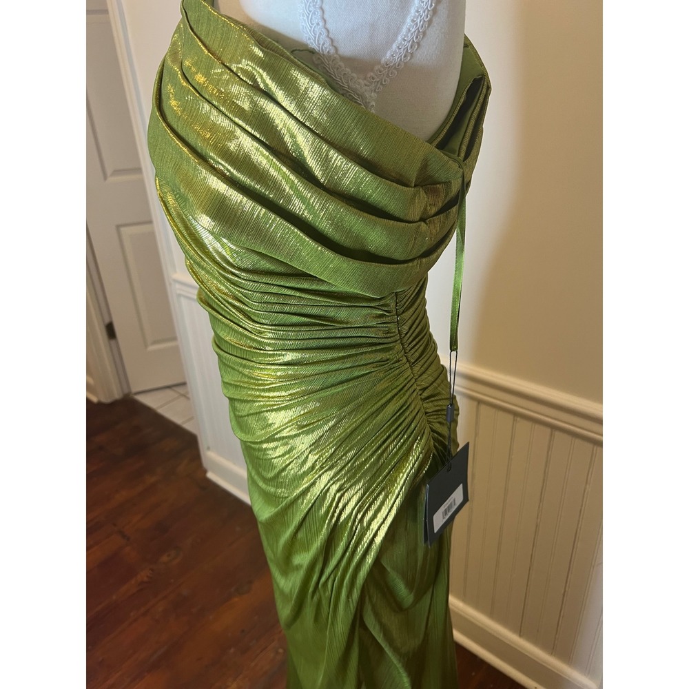 Mac Duggal One Shoulder Metallic Pleated‎ Gown Apple Green Gown27152 Size 4 - Picture 6 of 11